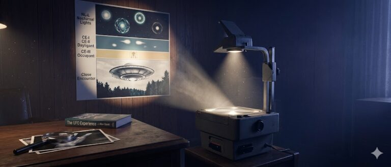 Cinematic visualization of the Hynek Classification System showing the progression from distant sightings to close encounters.