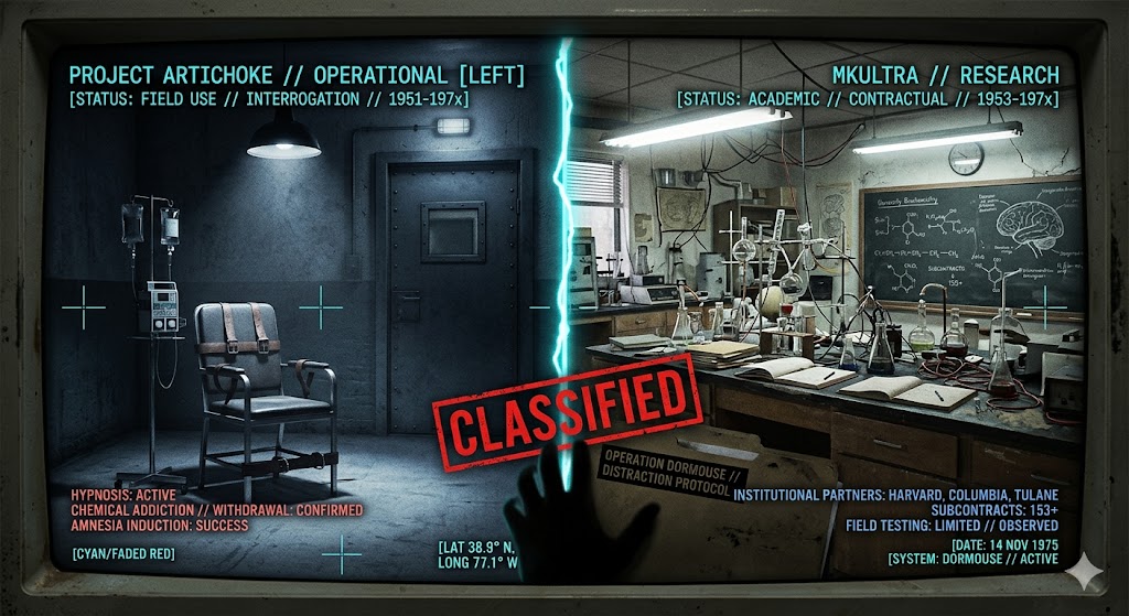 A visual representation of the CIA's strategy to hide operational mind control (Artichoke) behind academic research (MKULTRA).