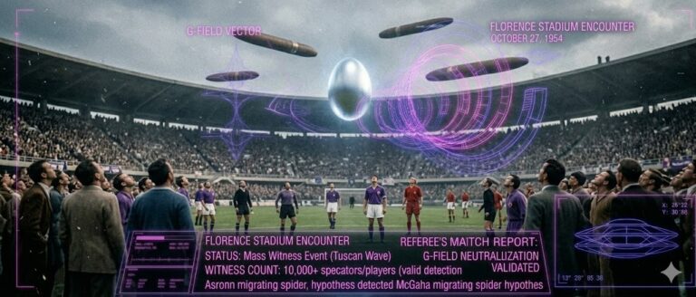 Tactical visualization of the 1954 UFO encounter over the Fiorentina football stadium in Florence, Italy.