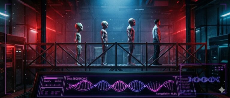 Tactical visualization of the four biological stages of alien-human hybridization.