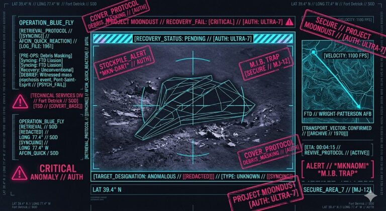 A visualization of the joint Air Force/CIA tactical interface used for the classified recovery of unconventional (alien) space vehicles, showcasing the integration of technical intelligence and cover story masking.