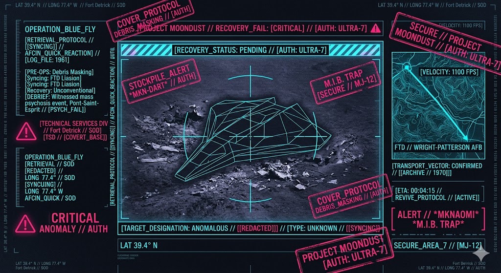 A visualization of the joint Air Force/CIA tactical interface used for the classified recovery of unconventional (alien) space vehicles, showcasing the integration of technical intelligence and cover story masking.