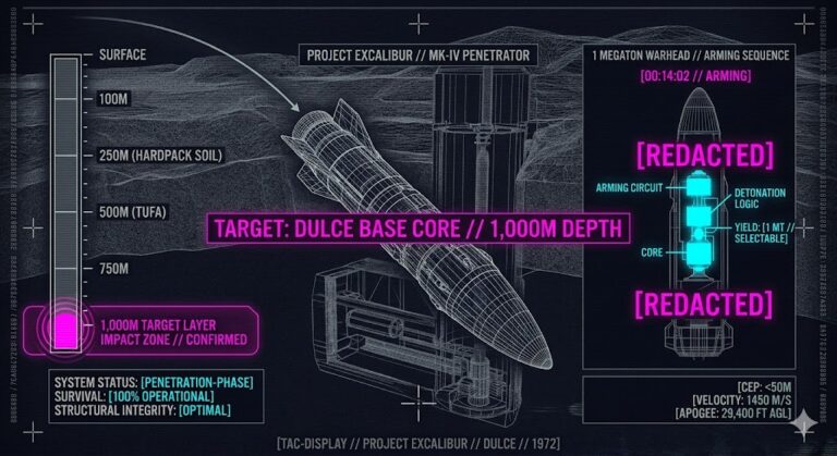 A high-contrast tactical HUD showing a 1-megaton Project Excalibur missile penetrating 1,000 meters into the soil toward the Dulce Base core.