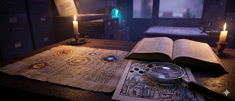 Cinematic photorealistic visualization of historical UFO documents, including the Tulli Papyrus and Biblical references.