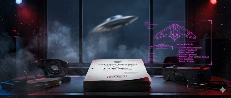 Tactical visualization of the 1947 Schulgen Memorandum regarding Air Force intelligence on disc-shaped UFOs.