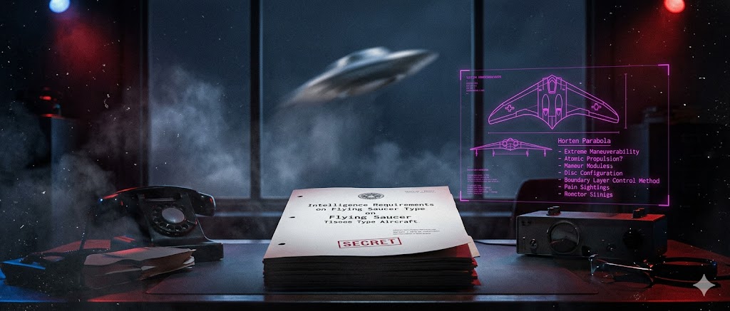 Tactical visualization of the 1947 Schulgen Memorandum regarding Air Force intelligence on disc-shaped UFOs.