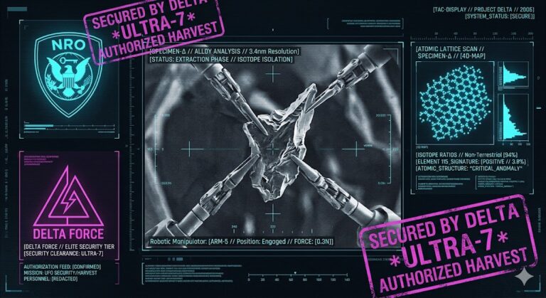 A visualization of the NRO's Project Delta extracting and analyzing exotic materials from NHI artifacts.