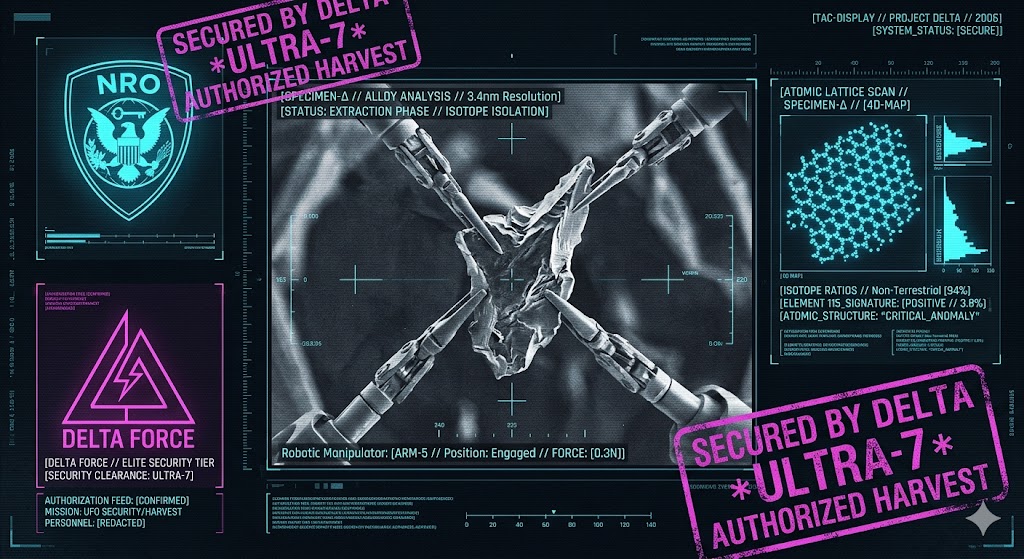 A visualization of the NRO's Project Delta extracting and analyzing exotic materials from NHI artifacts.