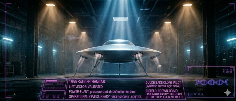 Tactical visualization of the 1955 LOOK Magazine flying saucer fighter design in an underground military facility.