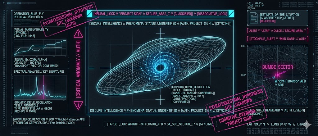 Tactical HUD showing the 1948 Estimate of the Situation and UFO flight data for Project Sign.