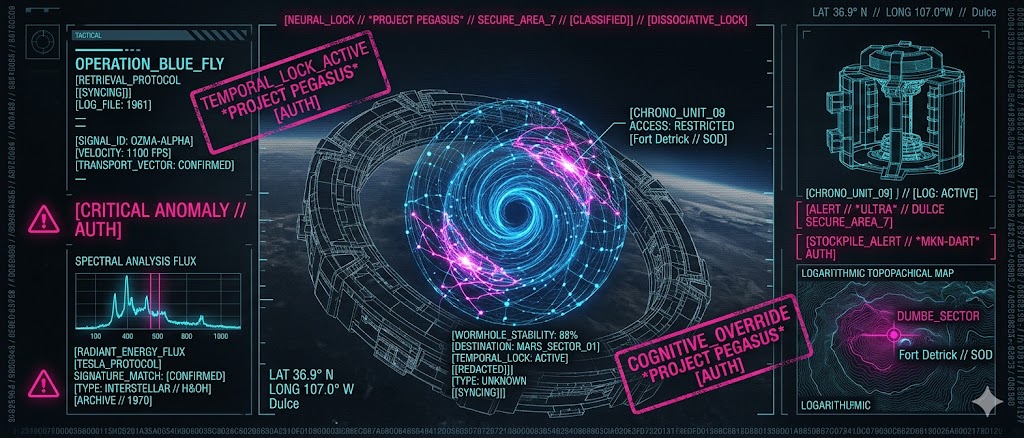 A visualization of the alleged teleportation and time-travel interface used in Project Pegasus to manage wormhole stability and destination coordinates.