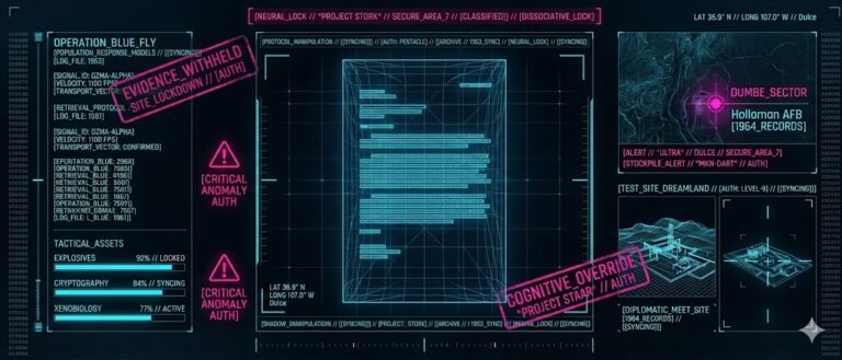 Tactical HUD showing the manipulation of UFO data and sighting simulations as detailed in the Pentacle Memorandum.