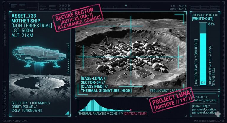 Tactical visualization of the suspected joint-occupancy base on the moon's far side, including mining infrastructure.