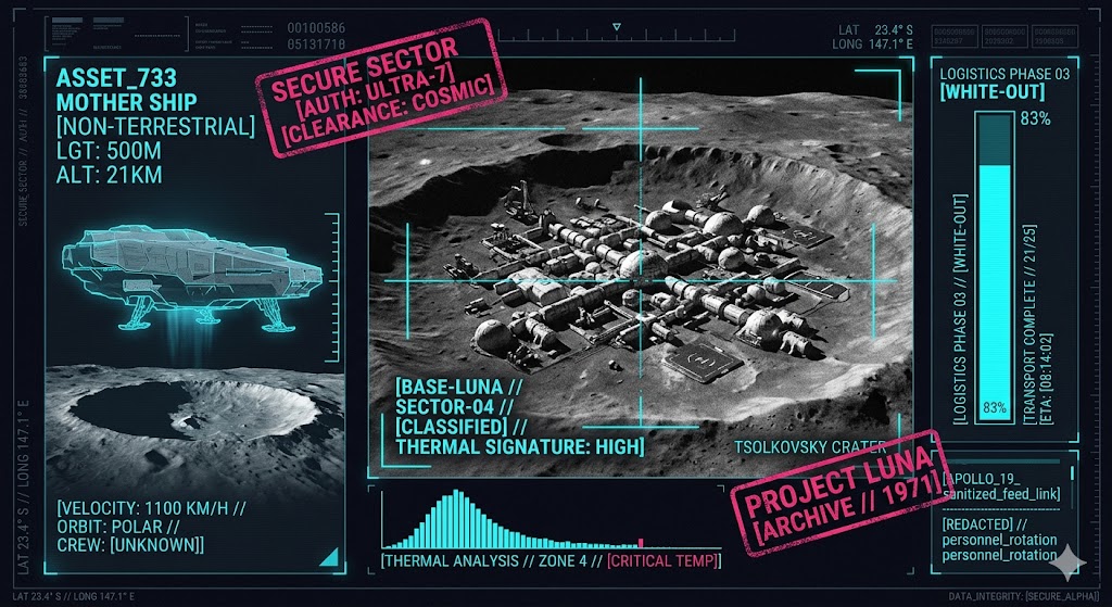 Tactical visualization of the suspected joint-occupancy base on the moon's far side, including mining infrastructure.