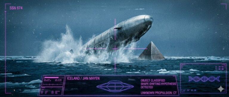 Tactical visualization of a cylindrical UFO seen through a submarine periscope in the Arctic.