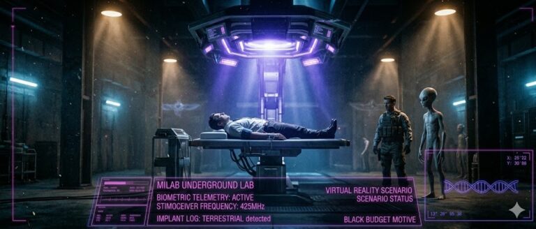 Tactical visualization of a MILAB underground facility featuring human and alien cooperation and biometric monitoring.