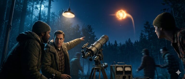 Cinematic photorealistic scene of Dr. Harley Rutledge’s scientific team measuring a UFO sighting in Missouri, 1973.