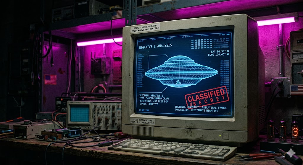 Technical wireframe of a legitimate saucer-shaped UFO from a 1980 AFOSI document.