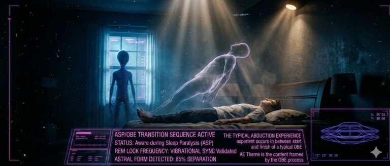 Tactical visualization of the separation of the astral body from the physical body during a sleep paralysis abduction event.