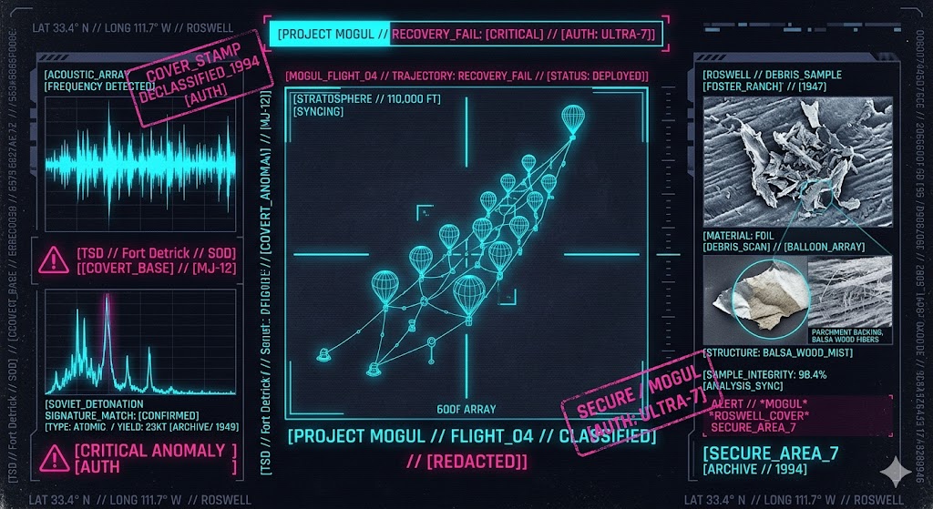 A visualization of the high-altitude balloon trains used in Project Mogul to monitor Soviet atomic tests.