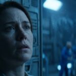 Photorealistic close-up of Bonnie Jean Hamilton reacting with fear within a dramatically blue-lit, industrial alien craft.