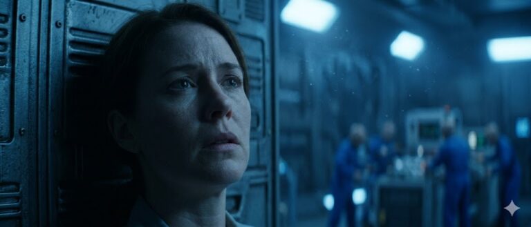 Photorealistic close-up of Bonnie Jean Hamilton reacting with fear within a dramatically blue-lit, industrial alien craft.