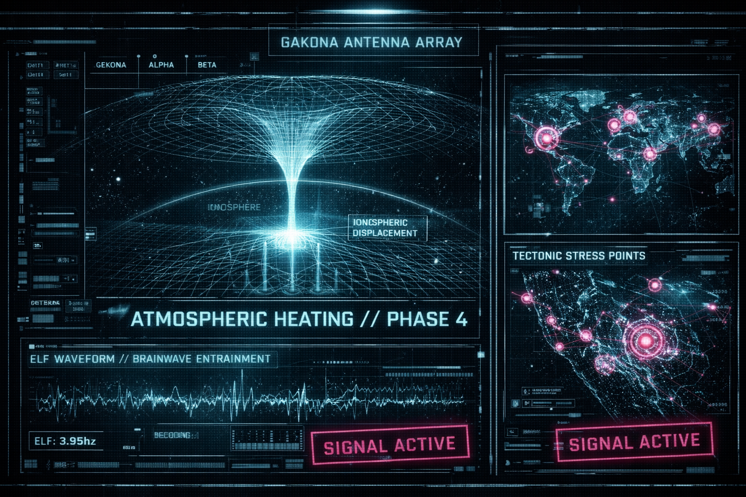 A visualization of the HAARP antenna array influencing the Earth's atmosphere and neural frequencies.