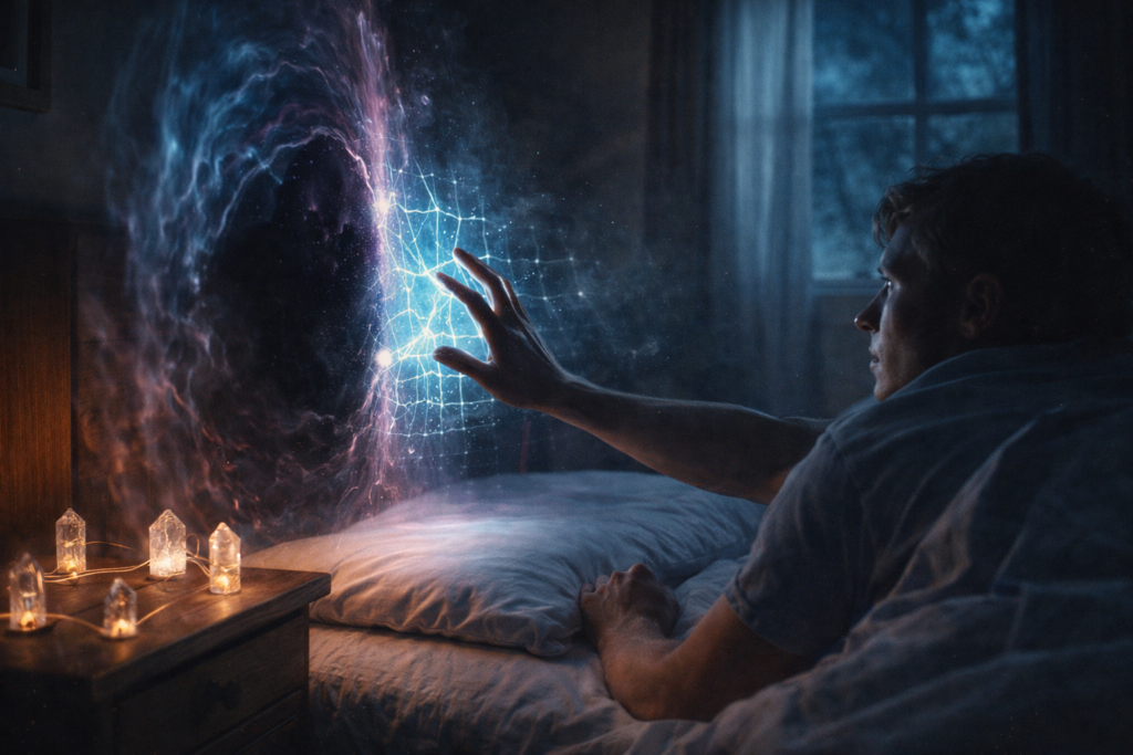 Cinematic visualization of a person using mental focus and programmed crystals to resist an abduction attempt.