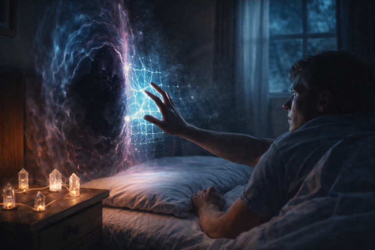 Cinematic visualization of a person using mental focus and programmed crystals to resist an abduction attempt.