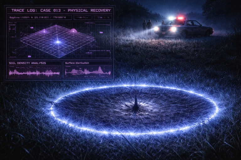 Tactical visualization of a UFO landing site depression and soil analysis HUD based on the Ted Phillips catalogue.