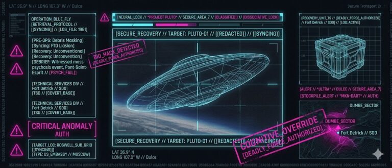 A visualization of the tactical interface and recovery protocols used by Project Pluto for the securement of alien technology and biological entities.
