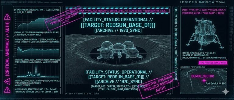 A high-contrast tactical HUD wireframe of a stationary human base in a Martian crater with atmospheric reclamation data logs.