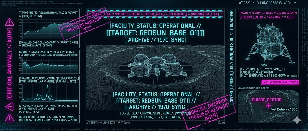 A high-contrast tactical HUD wireframe of a stationary human base in a Martian crater with atmospheric reclamation data logs.