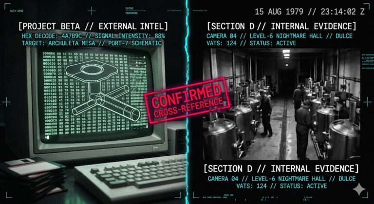A side-by-side comparison of external signal tracking (Project Beta) and internal facility evidence (The Dulce Papers).