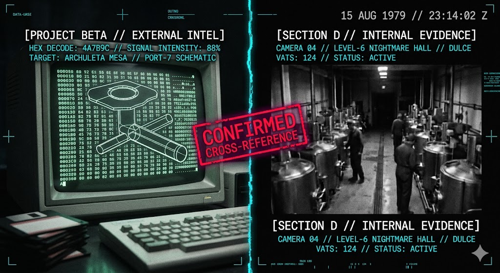 A side-by-side comparison of external signal tracking (Project Beta) and internal facility evidence (The Dulce Papers).
