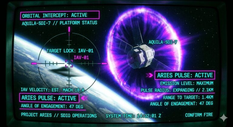 Tactical display showing an SDI satellite firing an EMP at a UFO.