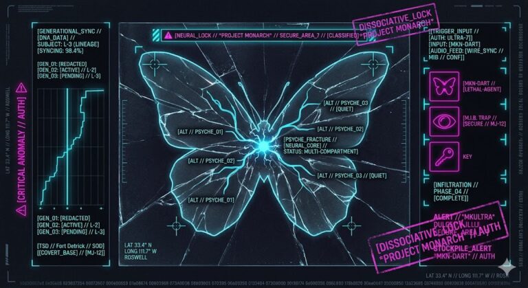 A visualization of the compartmentalized personalities and generational data tracking associated with Project Monarch.