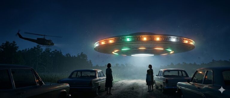Cinematic visualization of a silent disc-shaped UFO hovering over a road while an unmarked military helicopter watches from the distance.