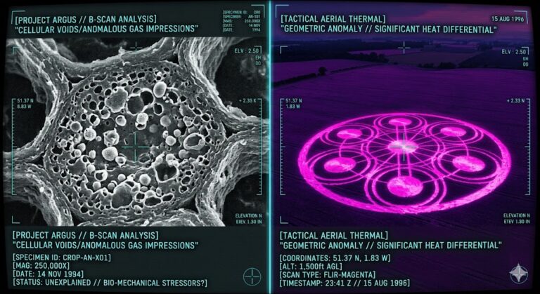 Microscopic view of plant cell anomalies next to a thermal scan of a crop circle.