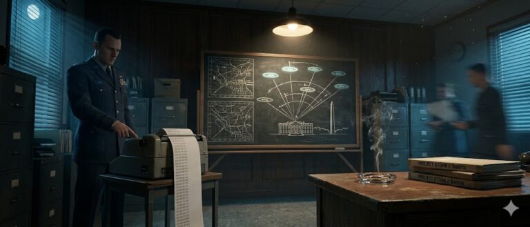 Cinematic photorealistic scene of Captain Edward Ruppelt briefing the Air Force on the 1952 Washington D.C. UFO flap.