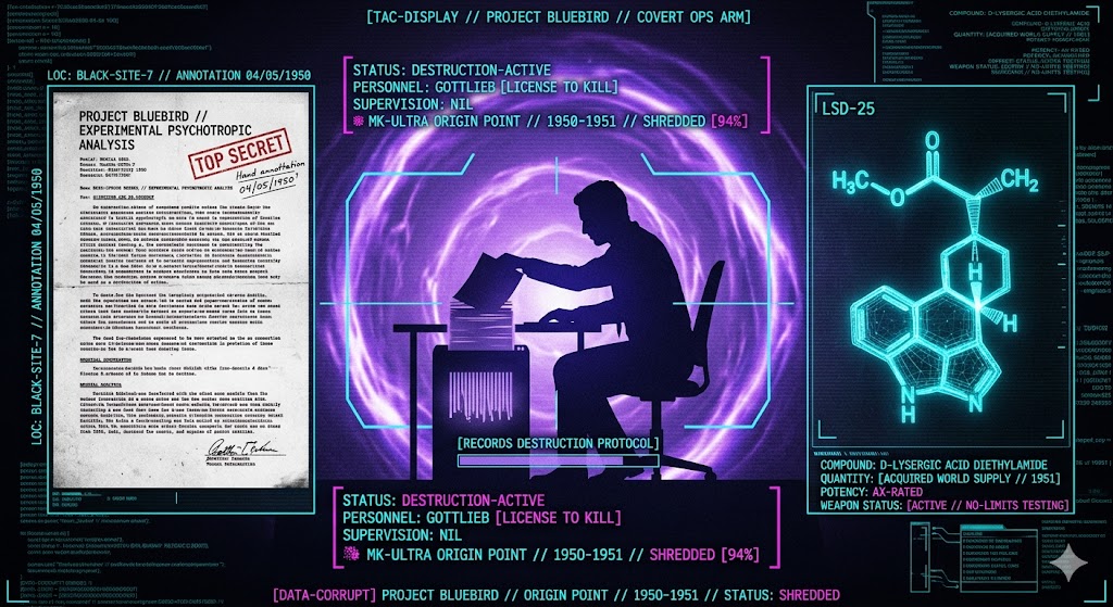 A visualization of the transition from Nazi research to CIA drug experimentation and the eventual destruction of files.