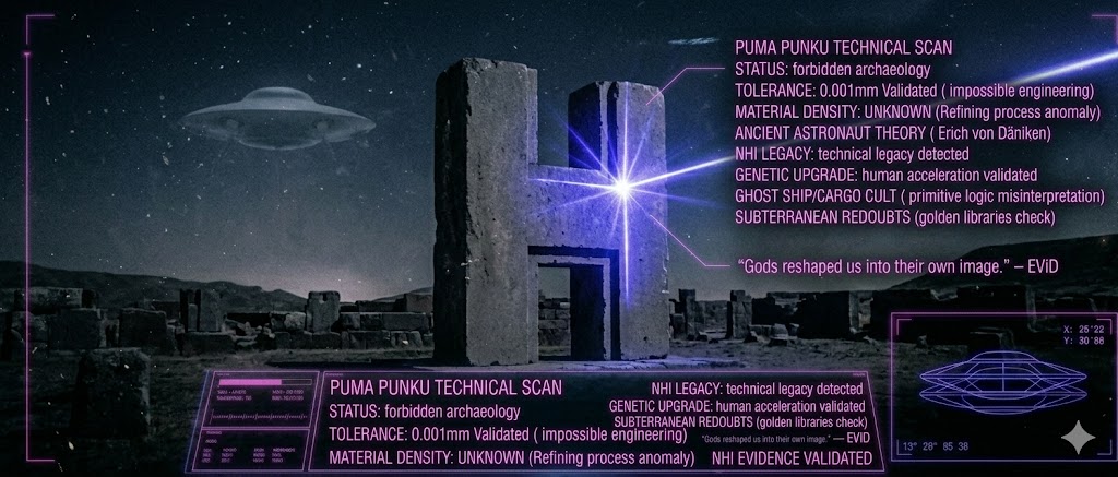 Tactical visualization of precision stone blocks at Puma Punku being analyzed with advanced scanning technology.