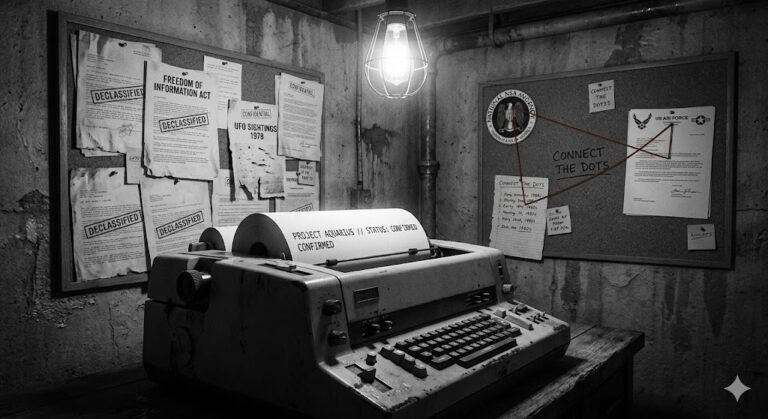 A teletype machine displaying the confirmation of Project Aquarius as a UFO-oriented project.