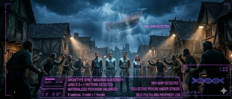 Tactical visualization of the Magonia quaternity archetype manifesting in a medieval setting.