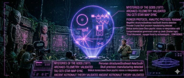 Tactical visualization of ancient astronaut evidence featuring the Pioneer Plaque and megalithic structures.