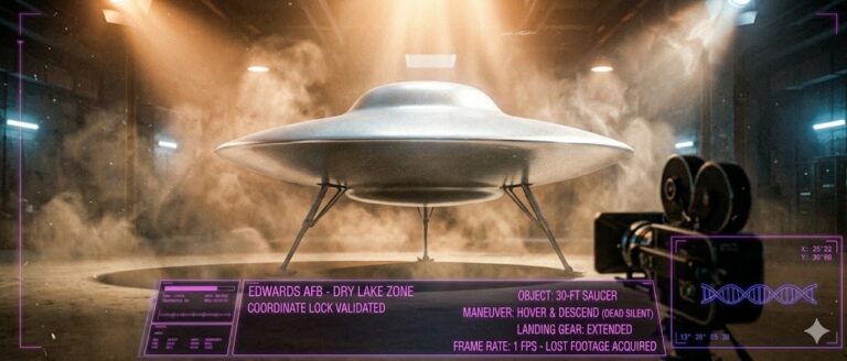 Tactical visualization of the 1957 UFO landing at Edwards Air Force Base witnessed by Gordon Cooper's camera crew.