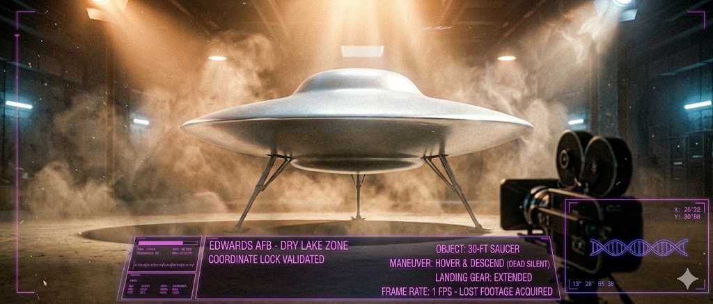 Tactical visualization of the 1957 UFO landing at Edwards Air Force Base witnessed by Gordon Cooper's camera crew.