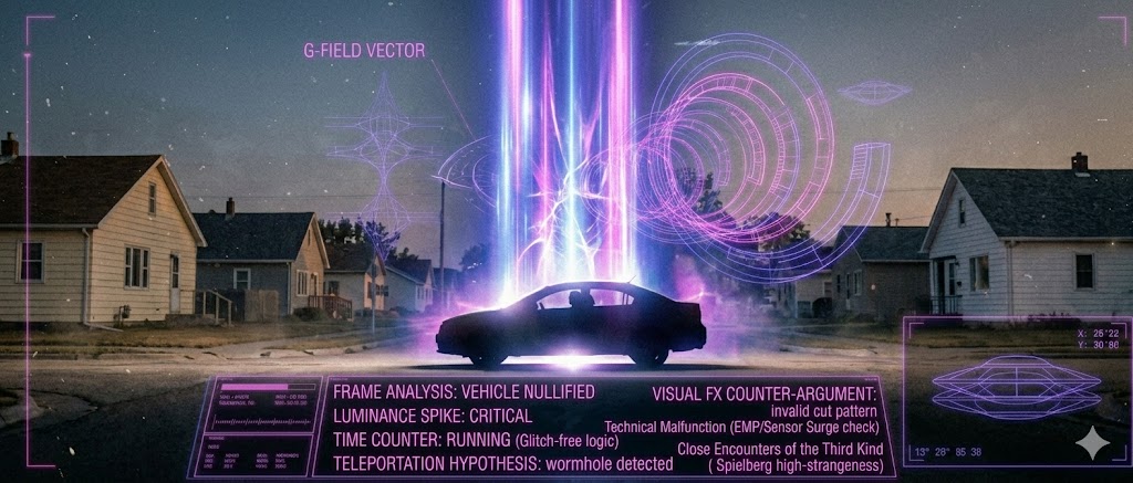 Tactical visualization of a car disappearing in a flash of light on a North Dakota street.