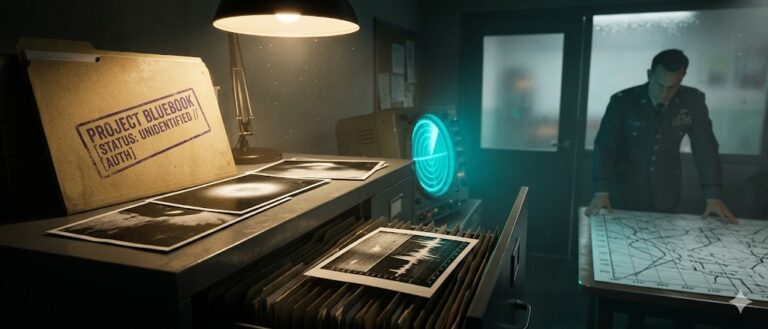 Cinematic photorealistic scene of the Project Blue Book 'Unidentified' files and radar data in a 1960s military office.