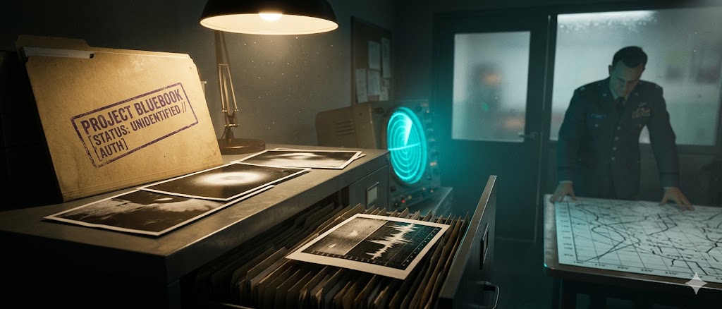 Cinematic photorealistic scene of the Project Blue Book 'Unidentified' files and radar data in a 1960s military office.